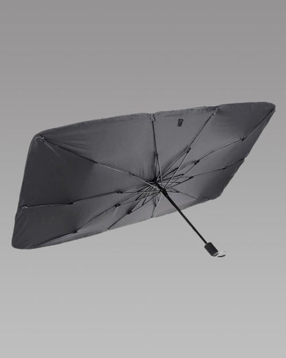 Black umbrella on a gray background, Car windshield sun shade umbrella with alloy steel frame providing thermal insulation and heat protection