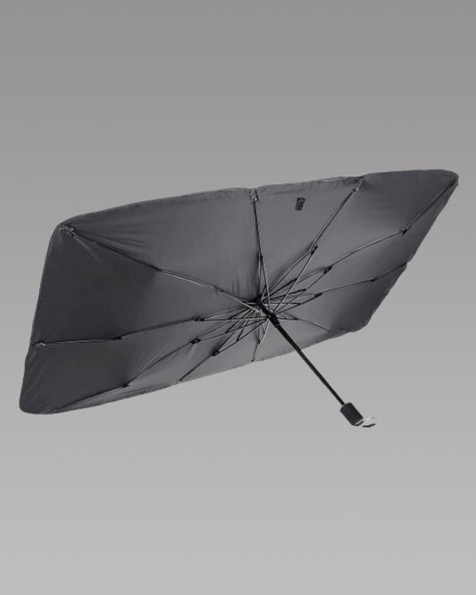 Black umbrella on a gray background, Car windshield sun shade umbrella with alloy steel frame providing thermal insulation and heat protection