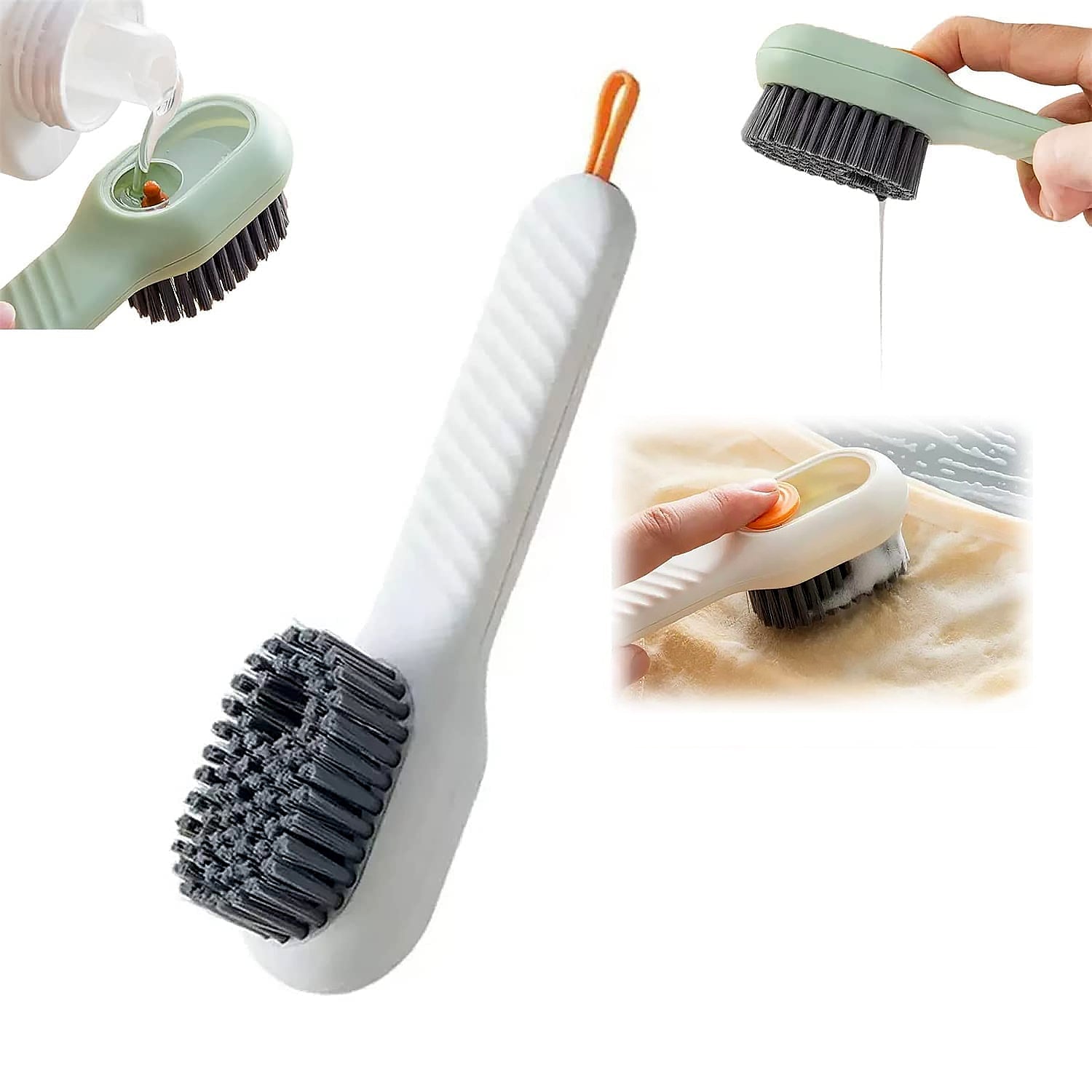 Cleaning brush with built-in liquid soap dispenser in handle