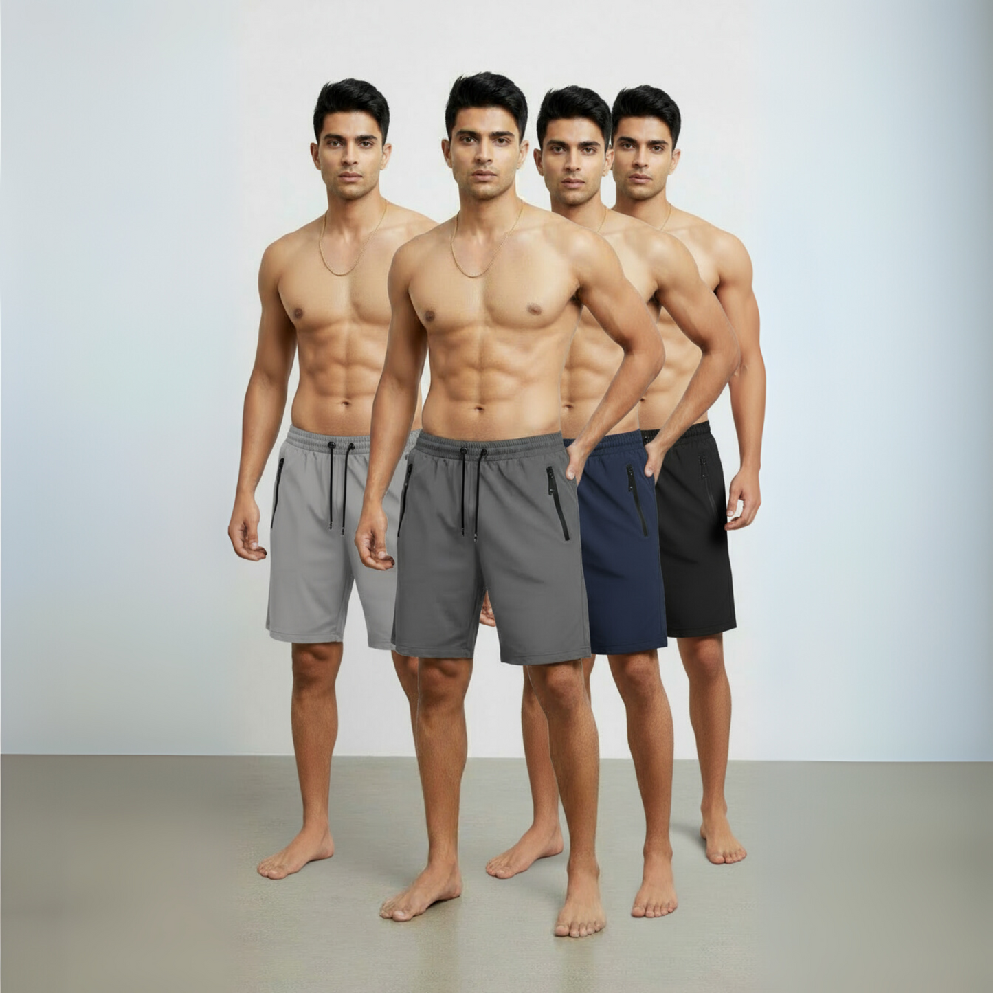 Combo of 4 men's stretchable cotton shorts displaying multicolor solid patterns and regular fit 18 inch length design