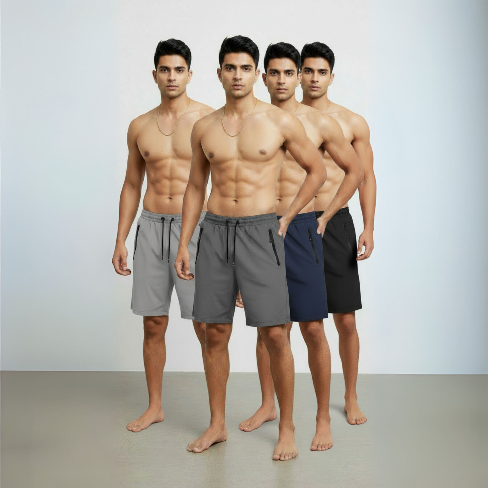 Combo of 4 men's stretchable cotton shorts displaying multicolor solid patterns and regular fit 18 inch length design