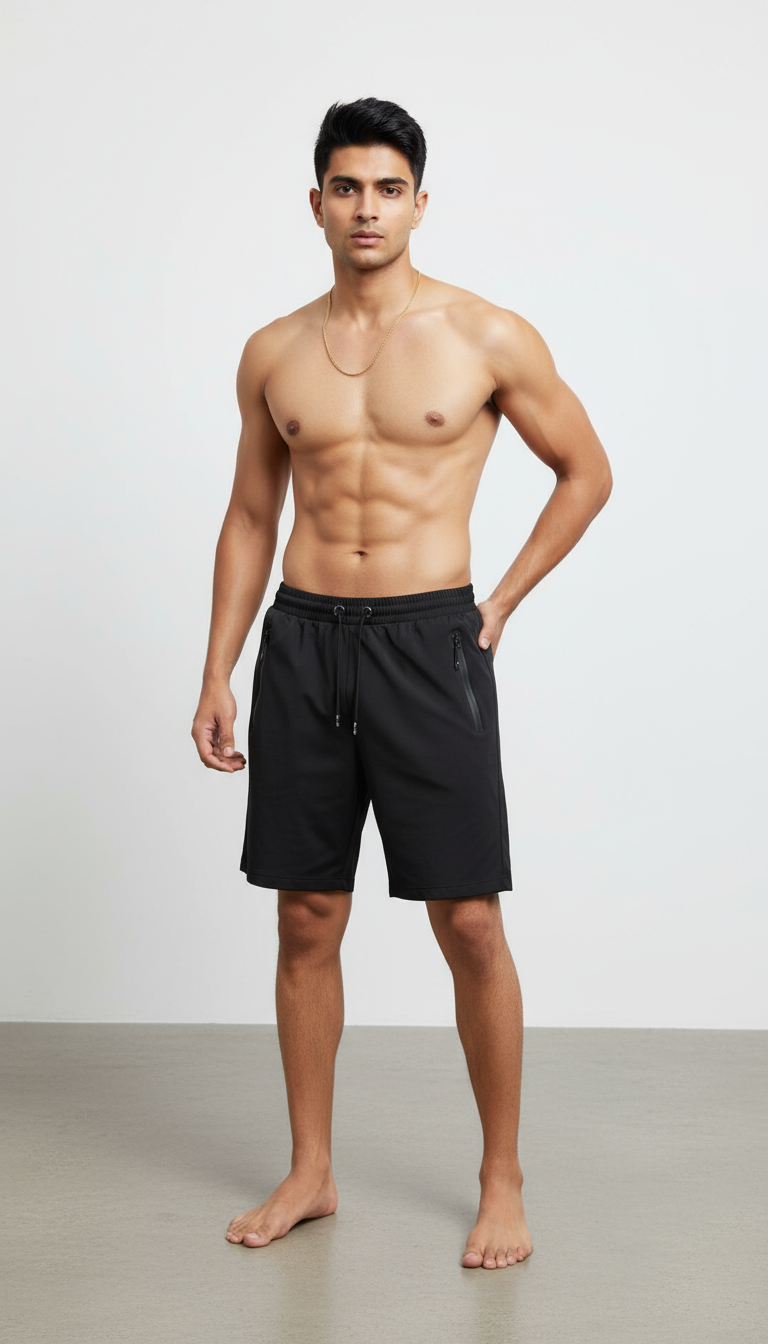 Man wearing black shorts against a plain background