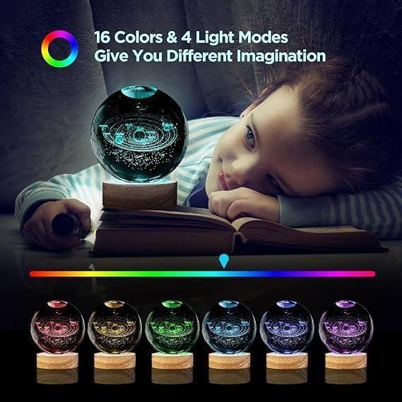 Child looking at a glowing crystal ball with colorful light modes displayed. LED crystal lamp showing 4 light modes with touch control base and color-changing effects