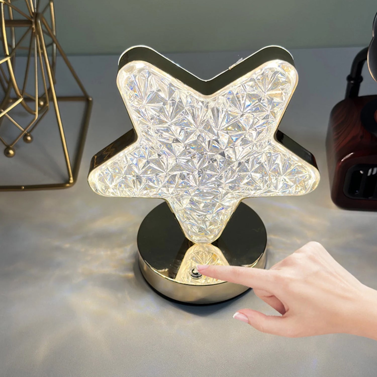 Compact crystal diamond lamp glowing with natural white light