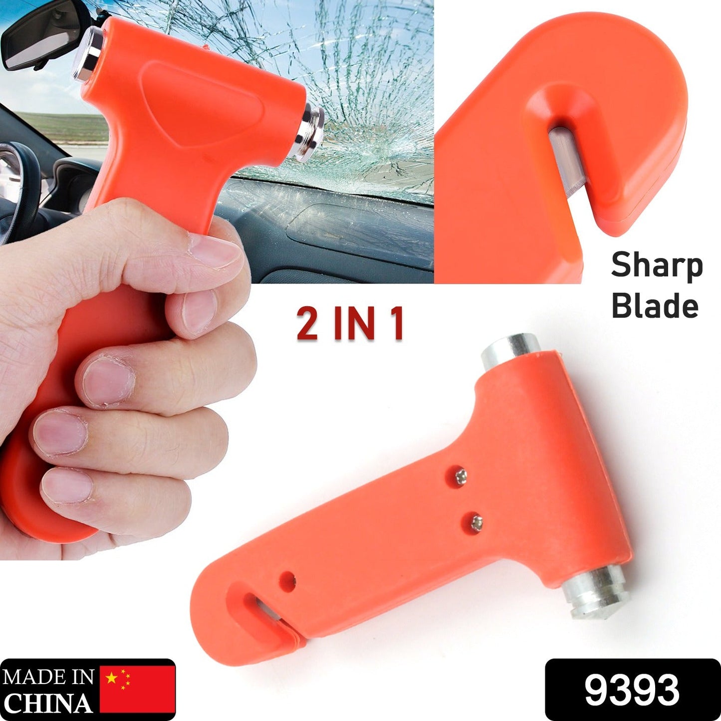 Compact car window breaker and seatbelt cutter safety tool in orange