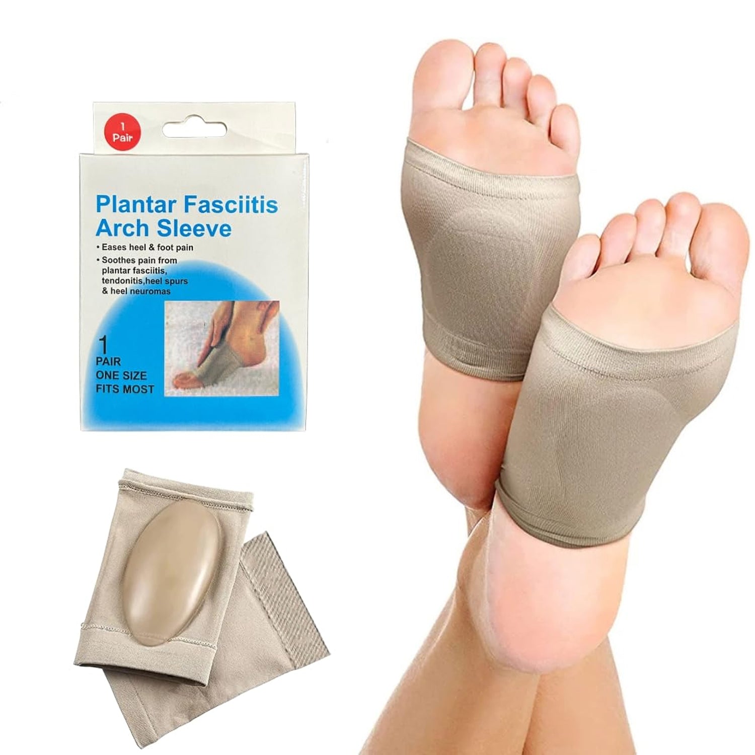 Foot arch support compression sleeve worn on foot for relief