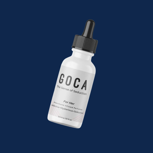 White bottle with black cap labeled 'GOCA' on a blue background