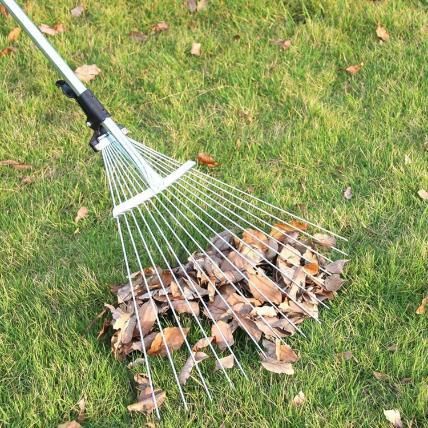Lawn rake collecting leaves on a grassy area, Garden leaf yard cleaning tool with telescopic metal rake showing adjustable head expansion from 8 to 23 inches
