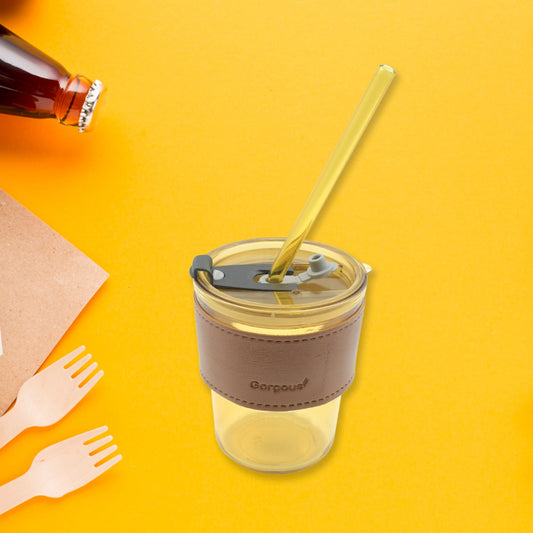 Transparent glass coffee mug with straw and leakproof lid