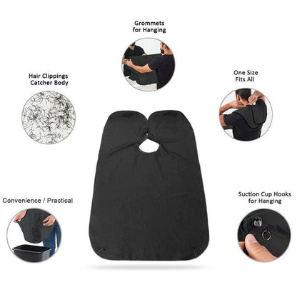 Hair clipping catcher apron hanging from mirror suction hooks