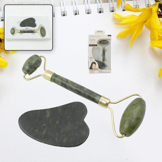 Natural jade roller and gua sha stone set for facial massage and anti-aging skin care