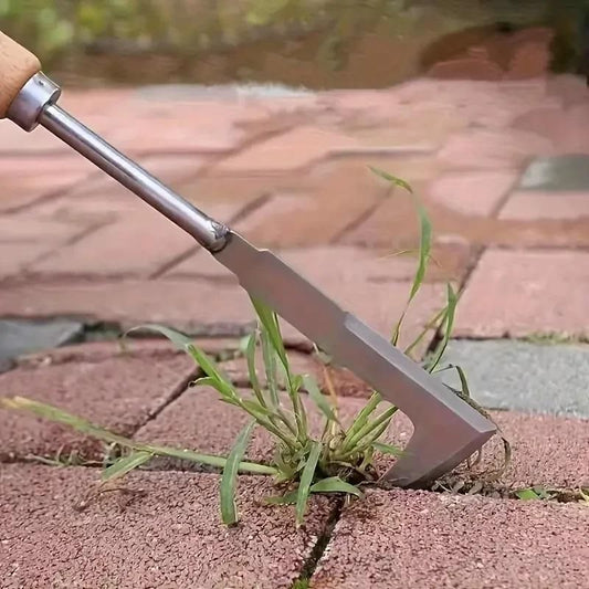 Metal tool cutting through grass on a paved surface, Handheld weed puller displaying stainless steel arc design with detailed 31.8cm length dimensions and 400 gram weight