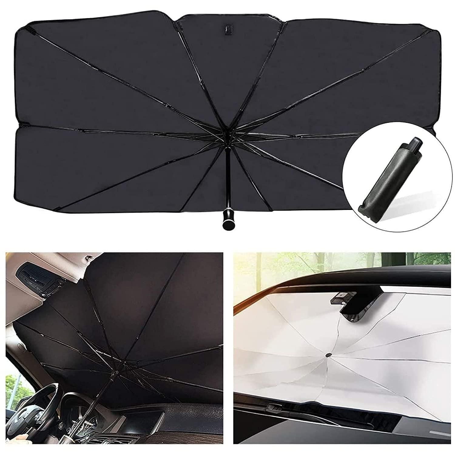 Black car sunshade umbrella with a clip, shown from different angles. Compact car umbrella heat protector demonstrating quick deployment and thermal insulation capabilities