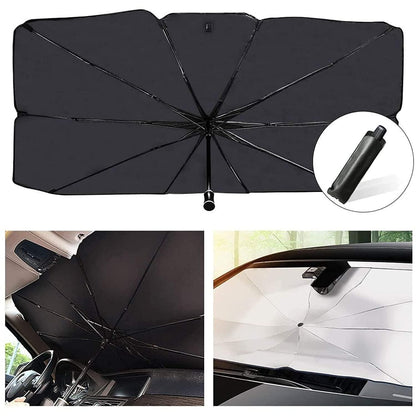 Black car sunshade umbrella with a clip, shown from different angles. Compact car umbrella heat protector demonstrating quick deployment and thermal insulation capabilities