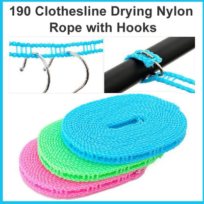 nylon clothesline drying rope with metal hooks for home use, strong and durable laundry rope for balcony and bathroom, portable clothesline for travel and outdoor drying, best nylon drying rope for clothes in India, compact laundry rope for easy travel packing,