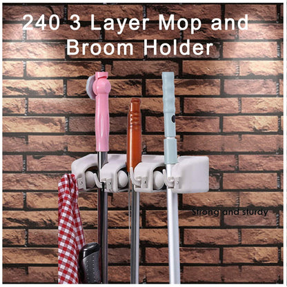 3-layer holder for organizing cleaning tools. wall mop holder, broom organizer rack, kitchen cleaning tool holder, garden tool hanger, garage mop rack, multipurpose wall mount holder