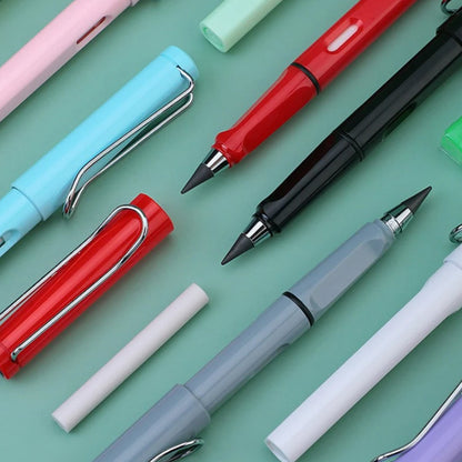 Inkless pencil closeup with replaceable alloy tip and eraser