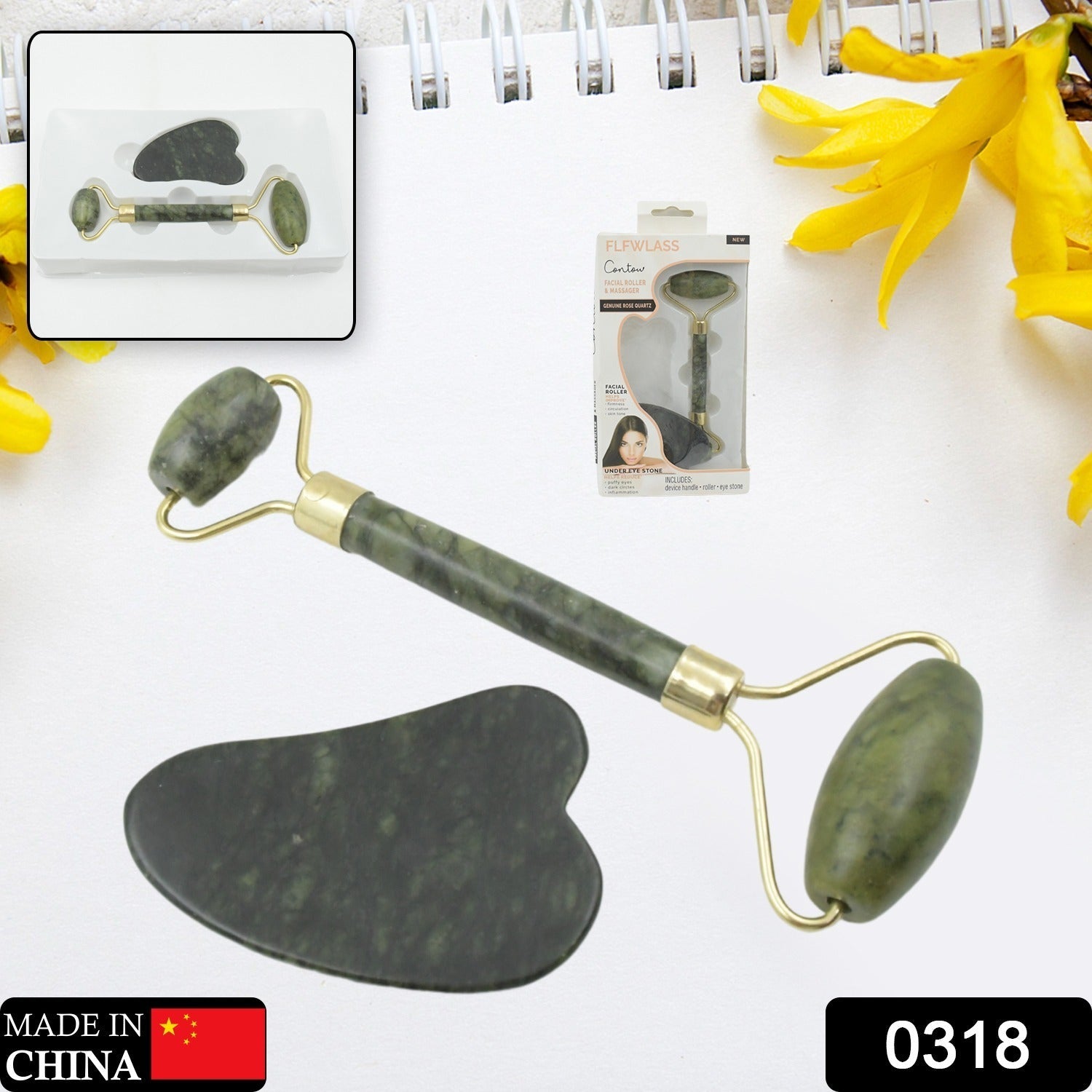 Toxin-free gua sha and jade face roller massager set promoting skin glow and wrinkle reduction