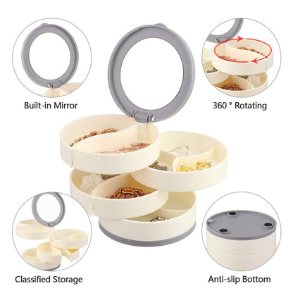 Rotating jewelry case designed with four layers for neat storage of rings, earrings, and necklaces