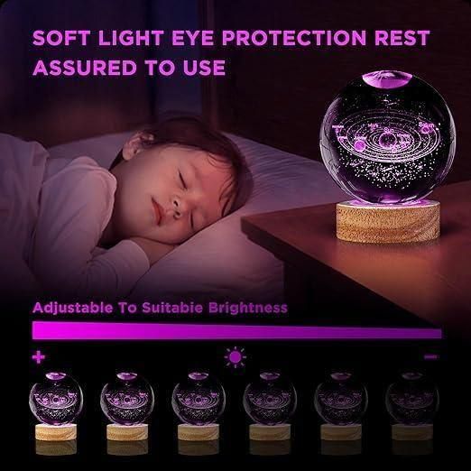 Glowing crystal ball on a bedside table with a child sleeping, emphasizing soft light eye protection. Crystal lamp ball illuminating room with soft eye protection lighting and 16 color combinations