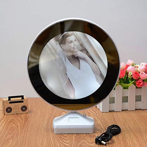 LED mirror photo frame in round design with USB light, used as table mounted makeup mirror and decor