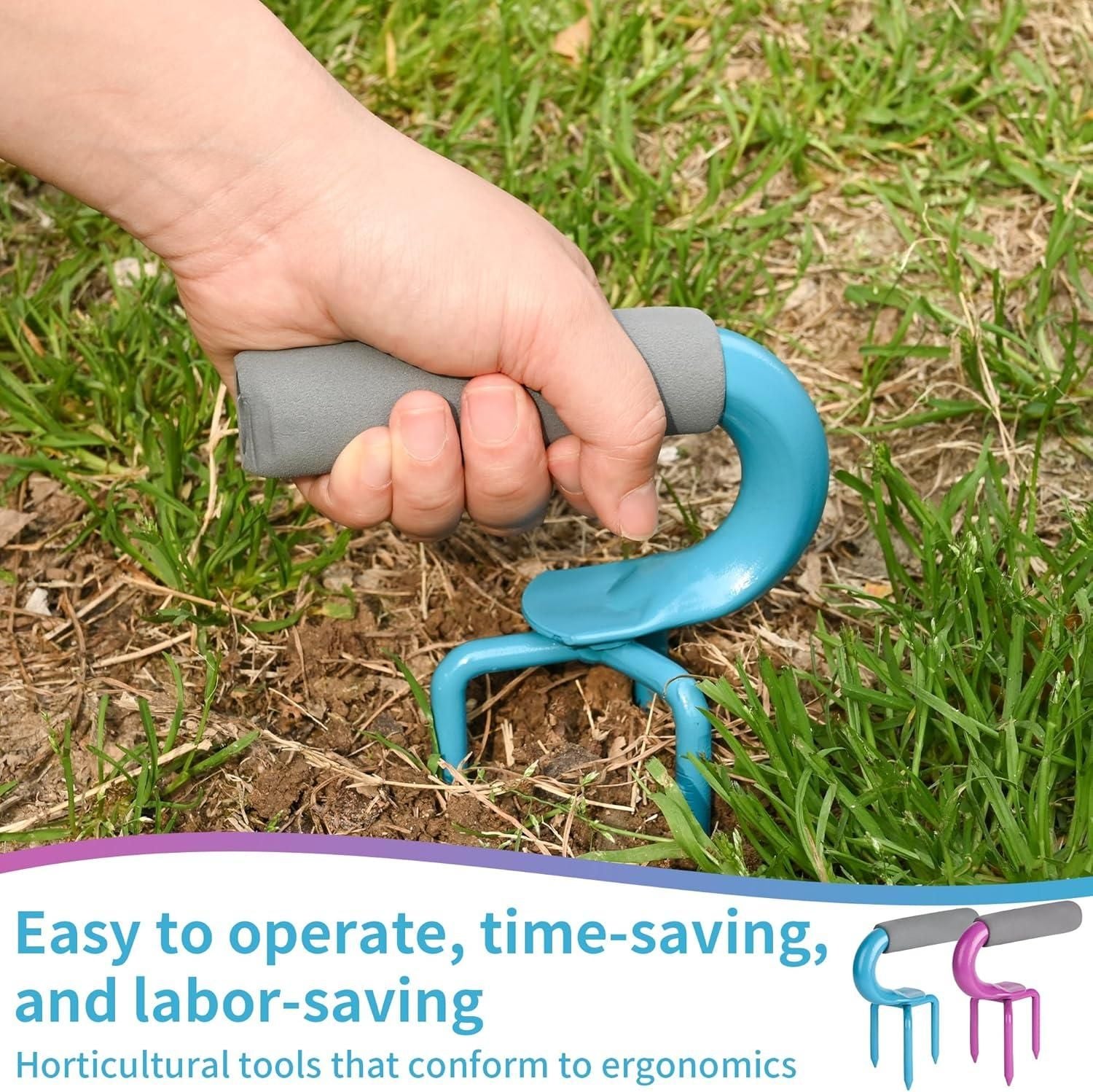 Hand using a blue gardening tool on grass with text about ergonomics. Professional lawn aerator featuring 2.4 inch sharp spikes, ergonomic handle, and soil water nutrients oxygen delivery system
