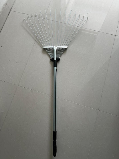 Adjustable rake head showing expansion capability for garden yard cleaning and cultivated fields maintenance