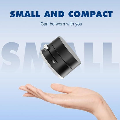 Small and compact device held in a hand with text 'SMALL AND COMPACT' above. Strong magnetic phone holder showing vacuum suction base and 360 degree rotation capability for universal phone compatibility