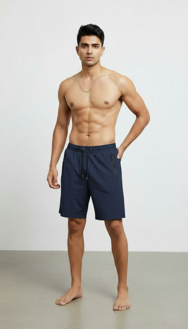 Man wearing navy shorts standing against a plain background