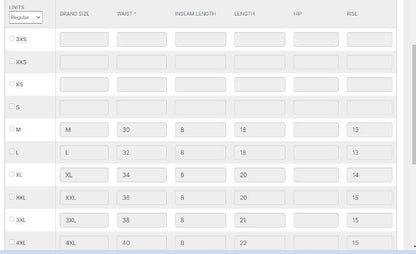 Measurement chart for pants with size labels and corresponding measurements.