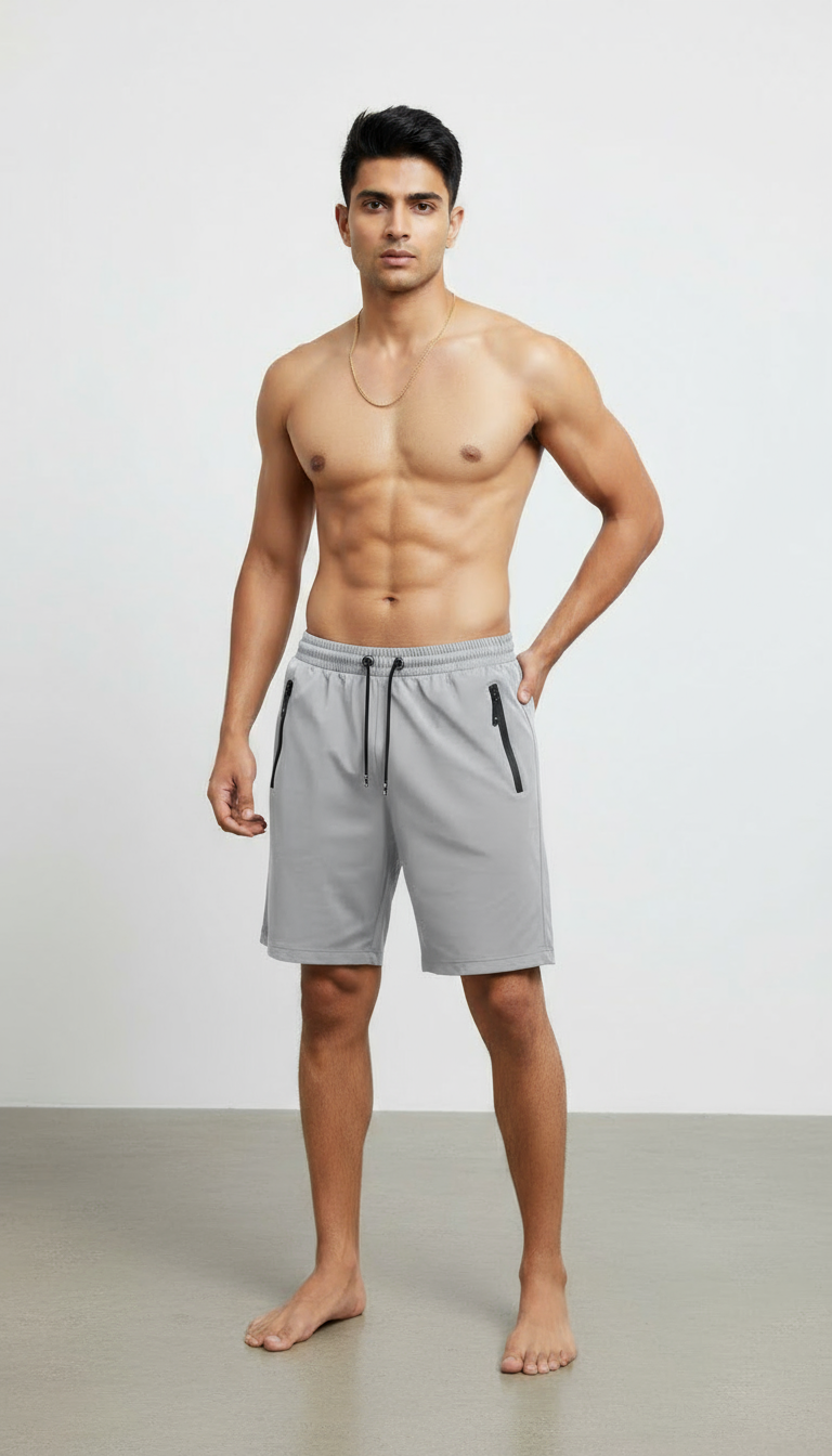 Man wearing gray shorts standing against a plain background