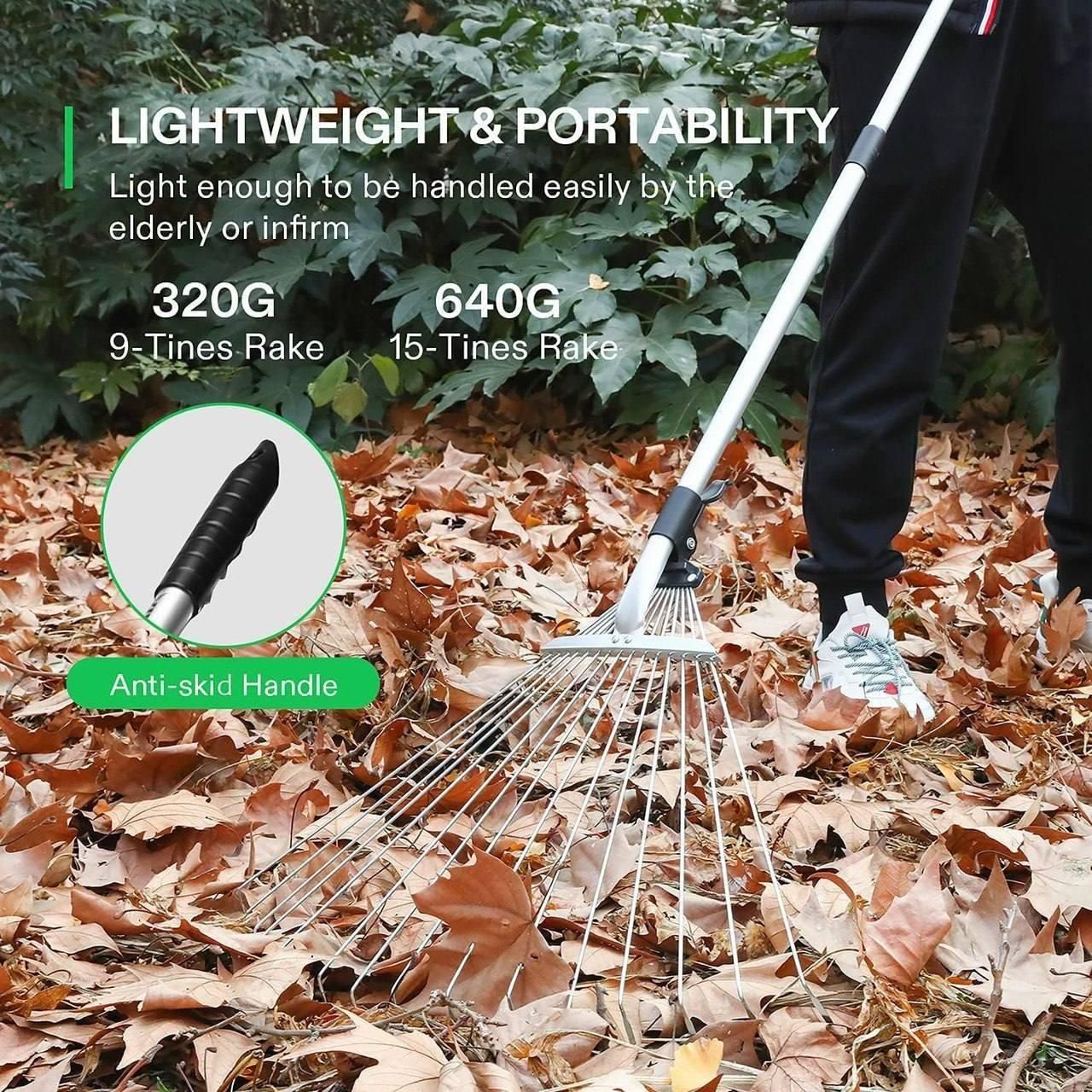 Rake being used to collect leaves with text on weight and portability. Metal rake garden tool displaying 58.5W x 160H dimensions and adjustable width mechanism
