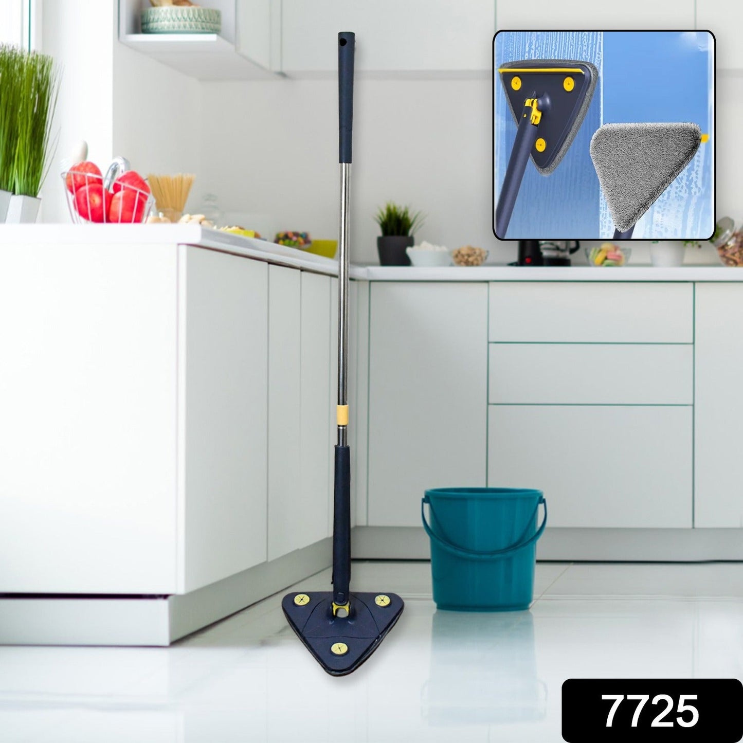 Rotatable 360 degree cleaning mop head reaching wall and ceiling corners