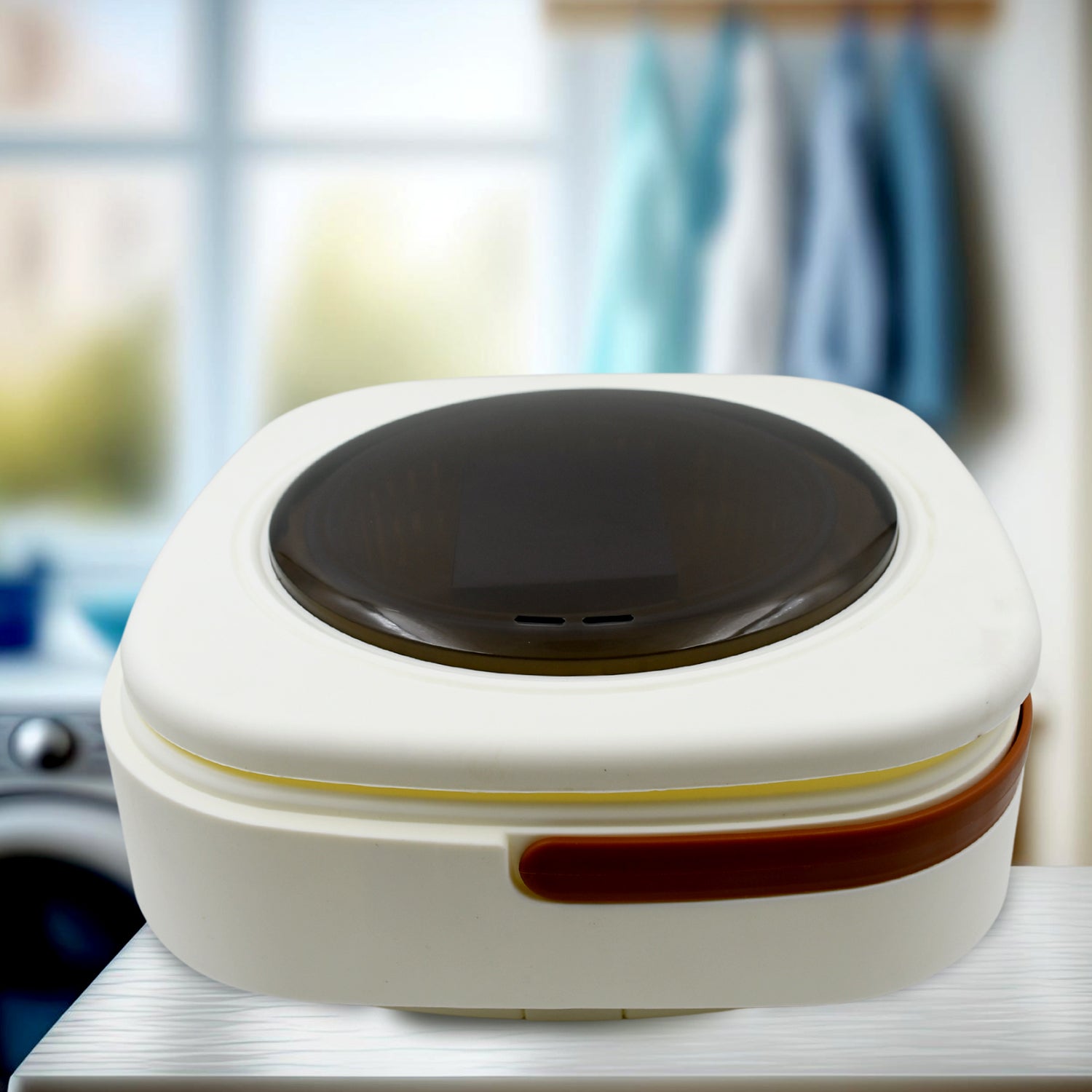Foldable mini washer placed in small apartment corner