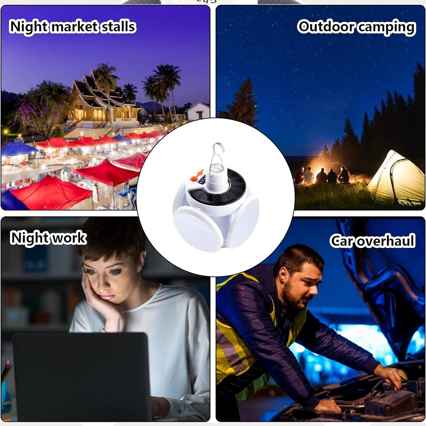 Bright LED light shining from foldable panels in outdoor setting