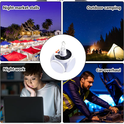 Bright LED light shining from foldable panels in outdoor setting