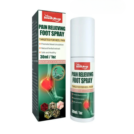 South Moon Pain Relieving Foot Spray packaging and spray can on a white background