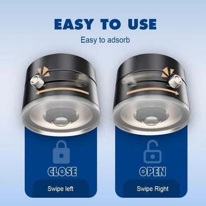 Two cylindrical devices with 'Close' and 'Open' labels on a blue background, Phone holder with double sided magnetic plates and vacuum suction cup showing 360 rotatable adjustment mechanism