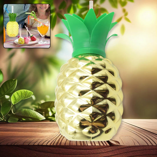 Plastic pineapple party cup with straw, BPA-free, reusable for kids and adult tropical parties