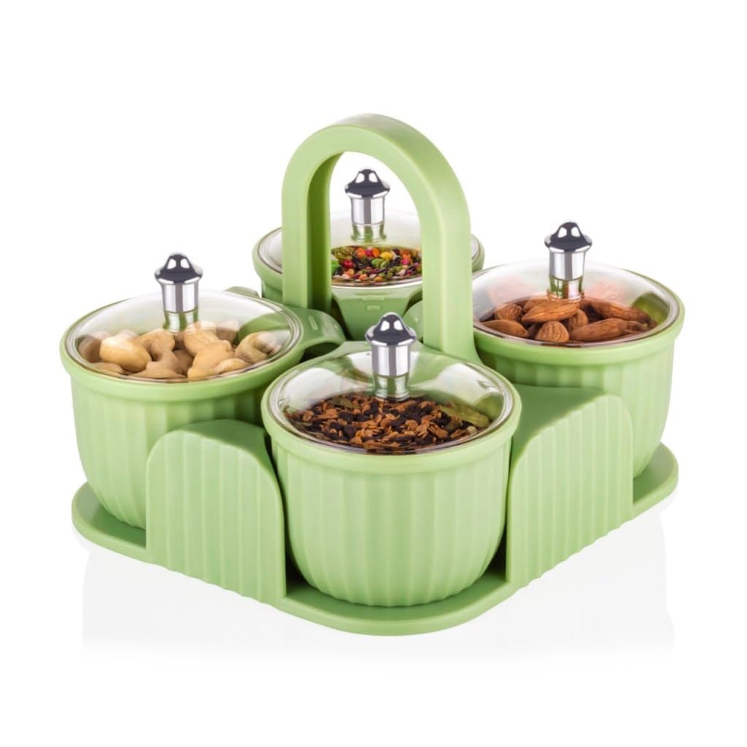 Four-piece airtight snack jars with clear plastic body and secure lids for freshness