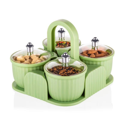Four-piece airtight snack jars with clear plastic body and secure lids for freshness