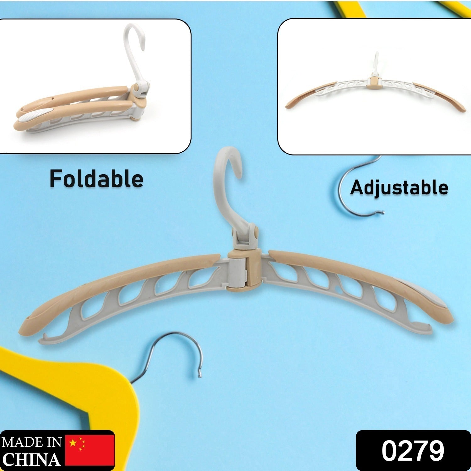 Foldable travel hanger in durable plastic with adjustable arms for shirts, coats, and dresses