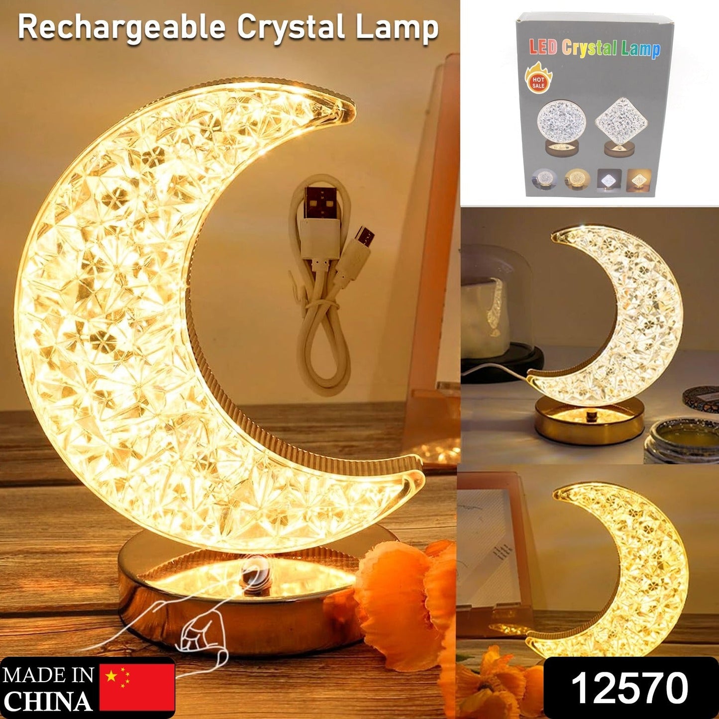 Rechargeable bedside lamp with USB charging and crystal texture