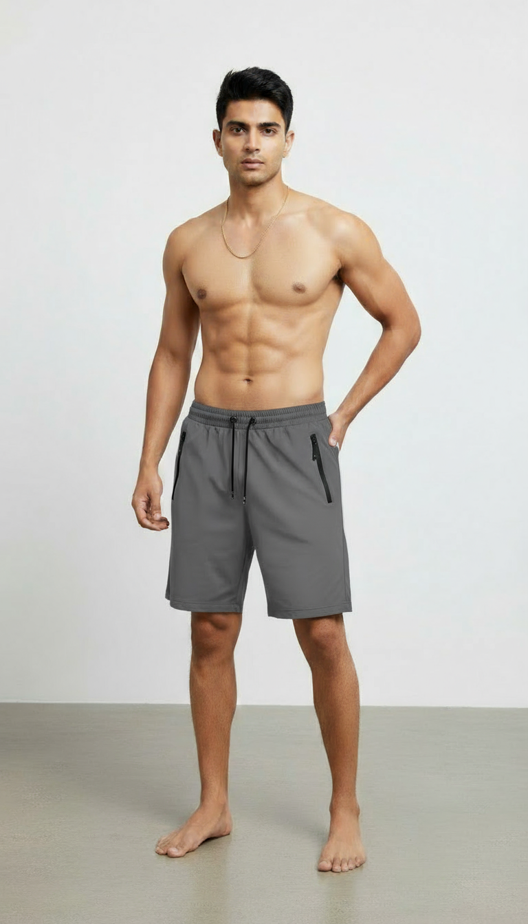 Man wearing gray shorts on a white background