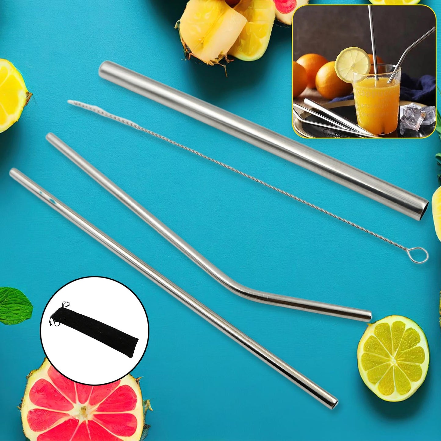 Set of reusable stainless steel straws with travel case and cleaning brush