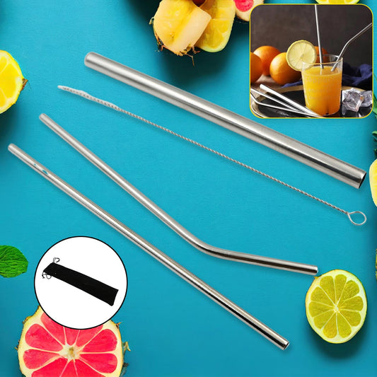 Set of reusable stainless steel straws with travel case and cleaning brush