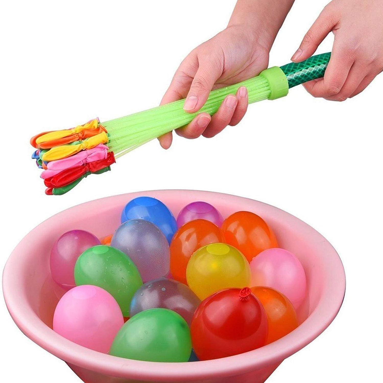 Quick fill magic balloons attached to water tap for filling