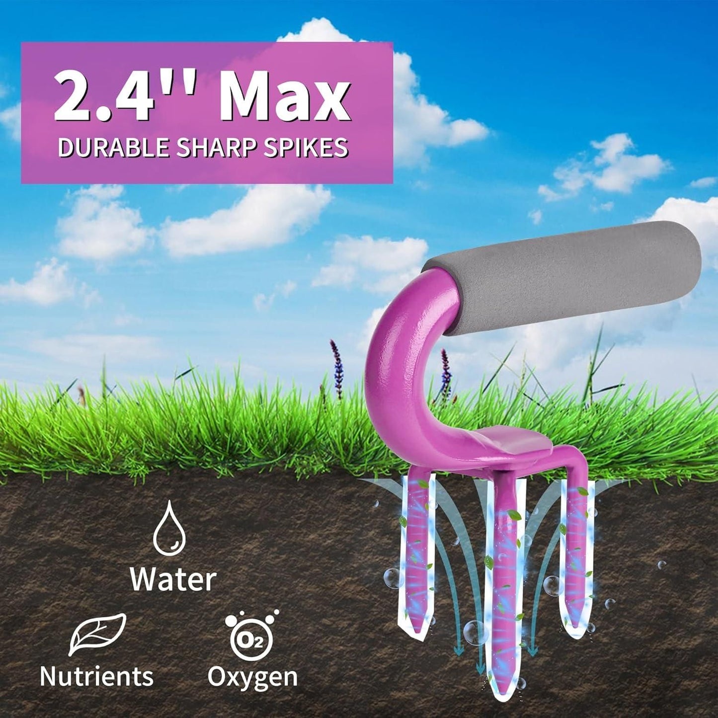 Garden tool with sharp spikes on grass and soil background. Ergonomic soil seeding tool with 2.4 inch spikes creating holes for water nutrients and oxygen flow