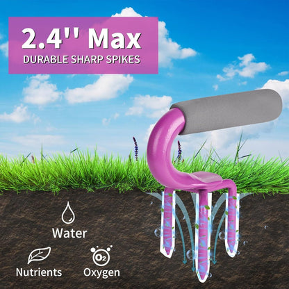 Garden tool with sharp spikes on grass and soil background. Ergonomic soil seeding tool with 2.4 inch spikes creating holes for water nutrients and oxygen flow
