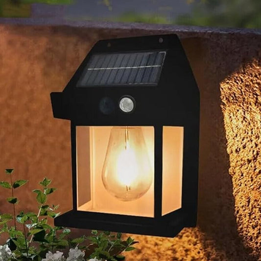 Solar wall light with motion sensor and dusk-to-dawn sensor for outdoor porch and garden lighting